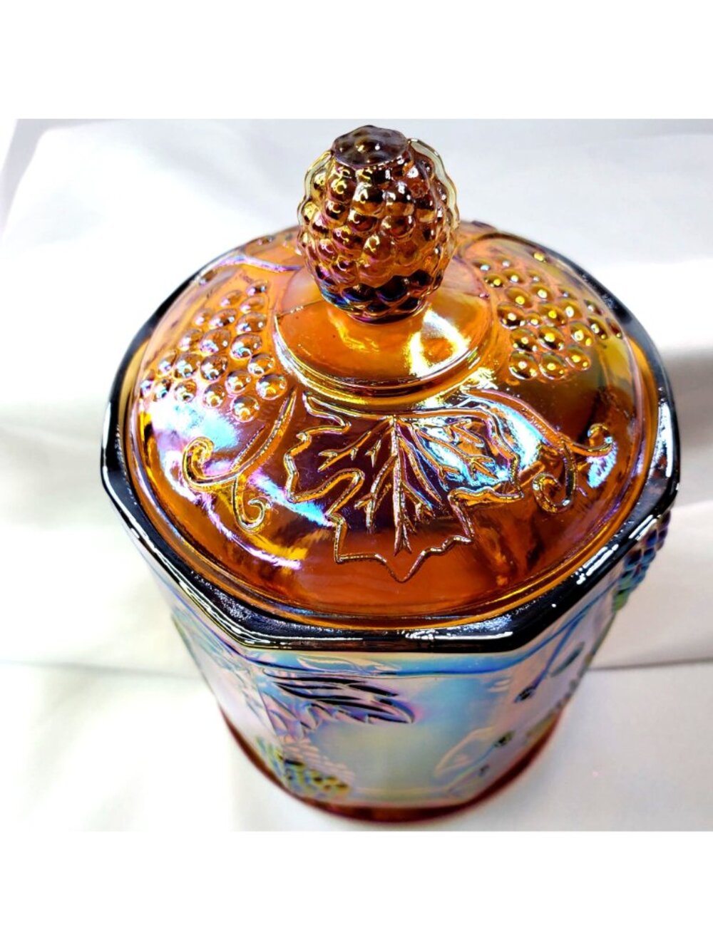 VTG Marigold Carnival Glass Canister Jar & Lid 7" Harvest Grape Indiana Glass - Picture 6 of 16